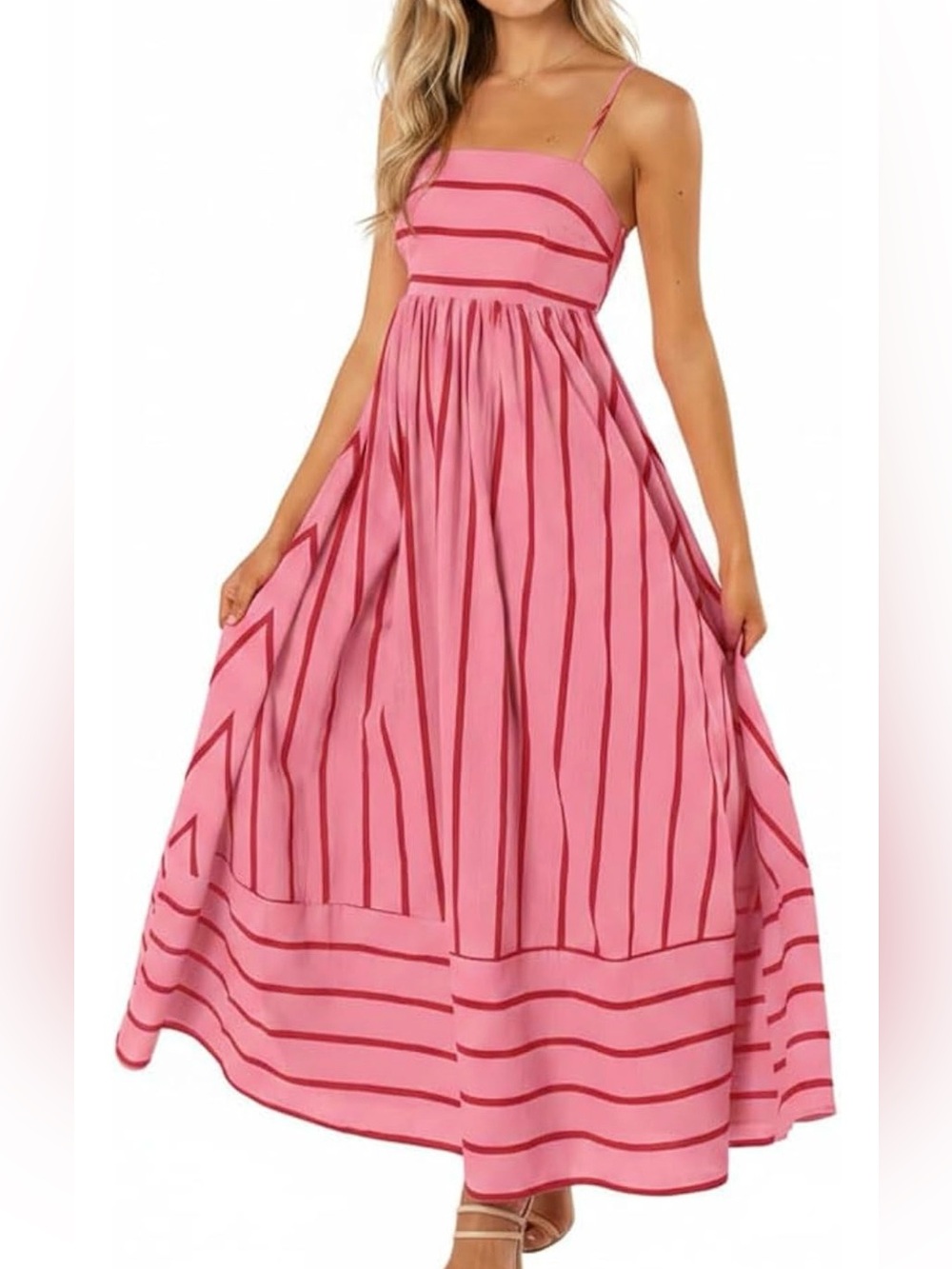 Pink Striped Spaghetti‑Strap Maxi Dress